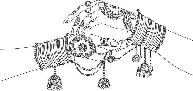 Traditional Indian bridal hands with mehndi, bangles and jewelry, elegant line art illustration, cultural wedding design, detailed ornament pattern
