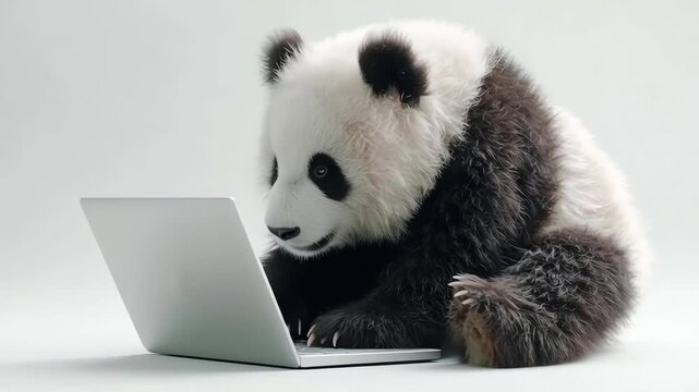 Cute Giant Panda Using a Laptop Computer on White Background