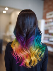 Naklejka premium Woman with long dark hair featuring vibrant rainbow-colored ombre waves blending purple, blue, green, yellow, and pink hues in a modern salon setting