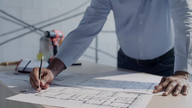 Close up view of hands of professional architect drawing detailed building layout on paper with pencil on desk at construction site