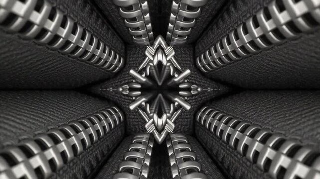 Macro view. Metal zipper teeth forming geometric kaleidoscope pattern. Symmetrical texture. Fashion design abstract.