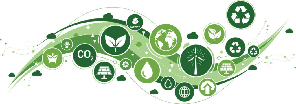Green eco sustainability banner with CO2 reduction recycling renewable energy and environmental protection flat design illustration