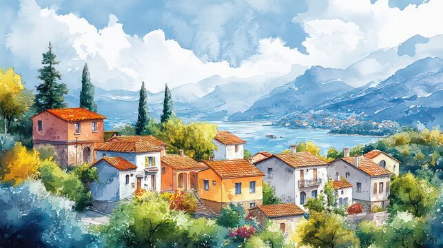 Makrinitsa village, Pelion, Greece: picturesque view of traditional houses and mountains, watercolor sketch