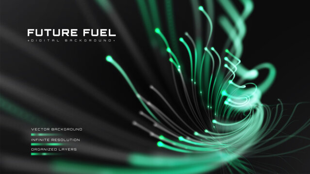 Abstract green future fuel background with digital data wave. Modern technology system showing eco clean energy power flow. Vector illustration.