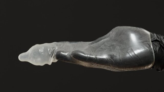 A Condom Stretched Over a Hand in a Black Glove, Representing the Concepts of Sexual Satisfaction, Protection, Medical Prostate Examination, and Adult Toys