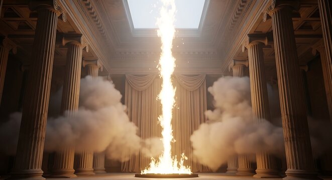 dramatic fire explosion in ancient greek temple