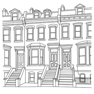 Detailed sketch of a row of classic brownstone buildings with stoops