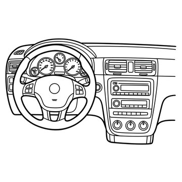 Car interior dashboard view steering wheel instrument panel and central console