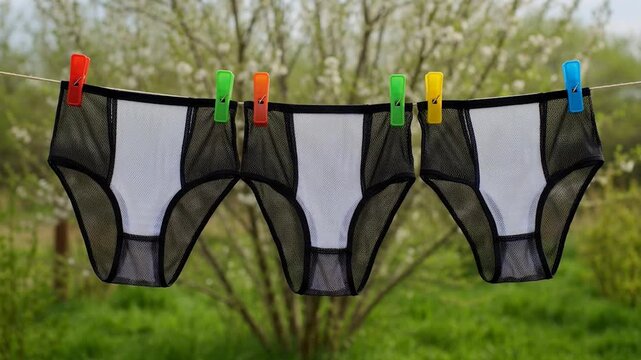 Three pairs of black and white underwear hanging on a clothesline outdoors