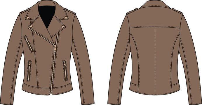 Leather biker jacket vector, front and back view fashion apparel isolated detailed clothing illustration design