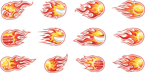 Fiery meteor fireball icons set cartoon flames blazing comet balls hot energy speed vector illustration collection © Jesika!