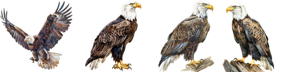 Obraz premium Bald eagles in different poses and angles display the majestic nature of this north american bird