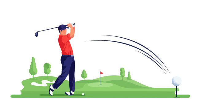 A male golfer swings a club, hitting a golf ball on a green course.