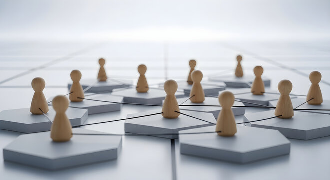 Wooden chess pawns forming interconnected network on white hexagon grid for business strategy and teamwork concept