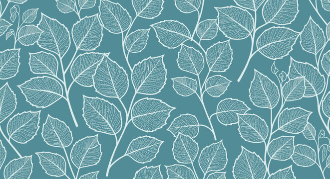 Seamless pattern of white leafy branches on a teal background