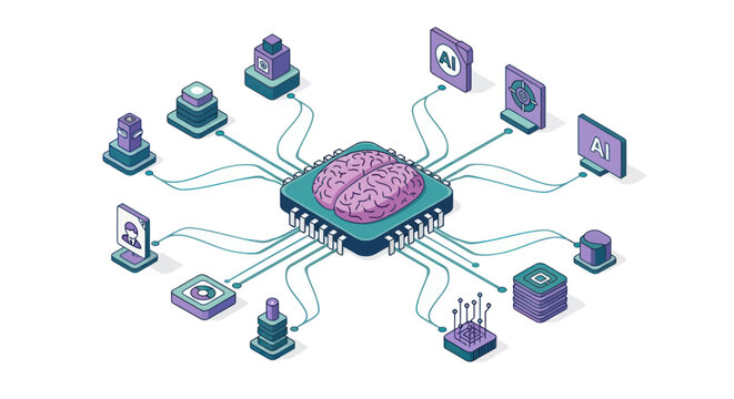 Isometric artificial intelligence CPU microprocessor chip with brain and data icons