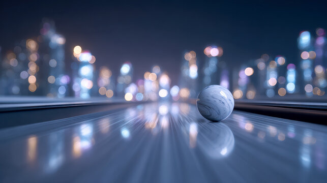 Silky smooth polished marble sphere reflecting soft city lights on a sleek shiny surface with blurred urban skyline creating a futuristic night ambiance