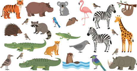 Fototapeta premium Cute Wild Animals and Birds Collection with Tiger, Zebra, Giraffe, Flamingo, Crocodile, Rhino, Koala and More Flat Vector Illustrations for Kids Design.