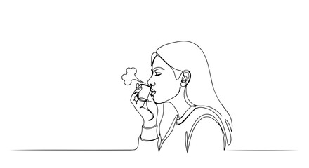 Obraz premium Woman drinking coffee from a small cup. One line drawing of a person with a hot beverage. Minimalist vector illustration of a cafe break