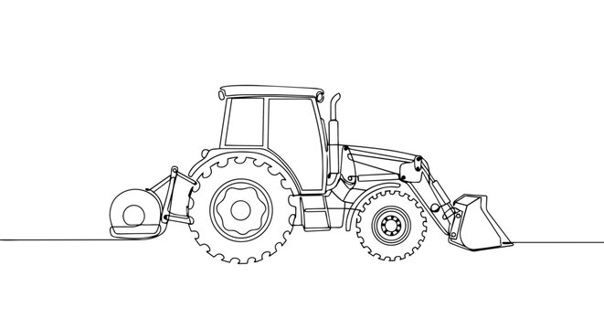Tractor with front loader one line drawing. Continuous line art of heavy agricultural machinery. Minimalist farm vehicle vector illustration