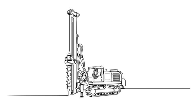 Heavy duty crawler drilling rig machine. One line drawing vector illustration. Construction and industrial machinery concept