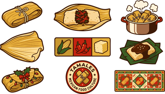 Vibrant vector illustrations depict various traditional mexican tamales, ingredients, and cultural motifs, celebrating authentic cuisine in a warm, festive style.