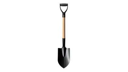 Isolated heavy-duty digging shovel with black D-handle and natural wooden shaft, garden tool © Sorin