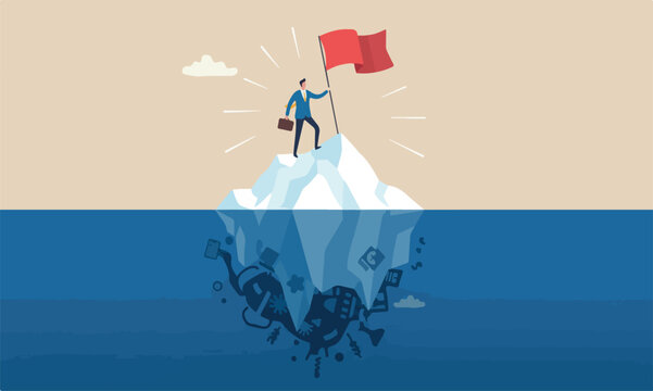 Success iceberg illusion, visible, risk or failure hidden underwater, achievement or leadership concept, success businessman holding flag at peak of iceberg above hidden danger
