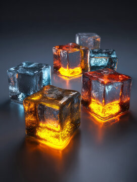 Glowing ice cubes with fiery orange and cool blue hues creating an artistic contrast on a reflective surface in a dark ambient setting