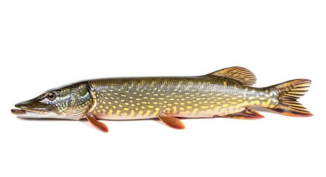 Large predatory pike fish displayed against a clean, brilliant white studio background. This fresh catch shows excellent scales and fins, clean, head, fishing