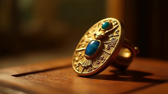 Ancient Egyptian gold scarab amulet under dramatic museum light, bokeh dark historical display backgroundegyptian; gold; scarab; ancient; amulet; museum; gemstone; lapis; blue; engraving; bokeh; dark;