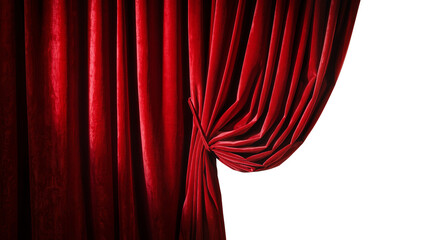 Isolated luxurious red velvet stage curtain elegantly draped and pulled aside for grand reveal