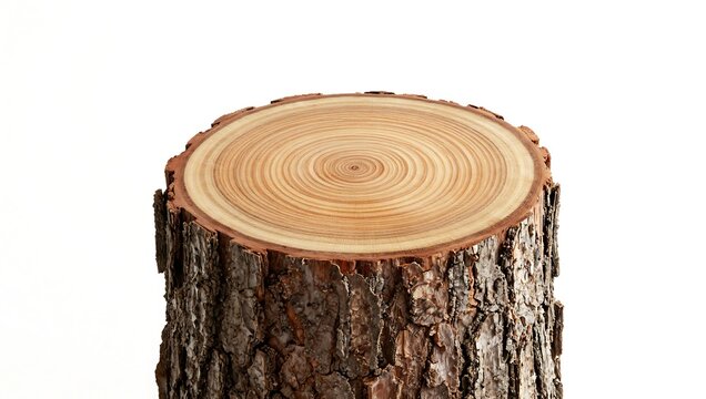 Tree stump with visible growth rings on cut surface and rough bark texture all around  isolated on white