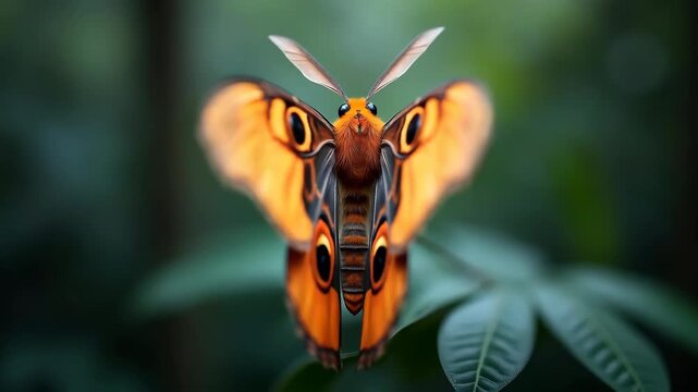 Exotic Atlas moth wings spreading revealing vivid eye patterns, bokeh soft dark forest background