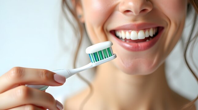 Happy Woman Smiling While Holding Toothbrush with Toothpaste in a Bright Bathroom Environment