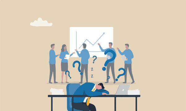 Quiet quitting pillars meeting teams together boredom, exhaustion or burn out from hard work without recognition concept, unhappy businessman sleeping while working at busy workplace