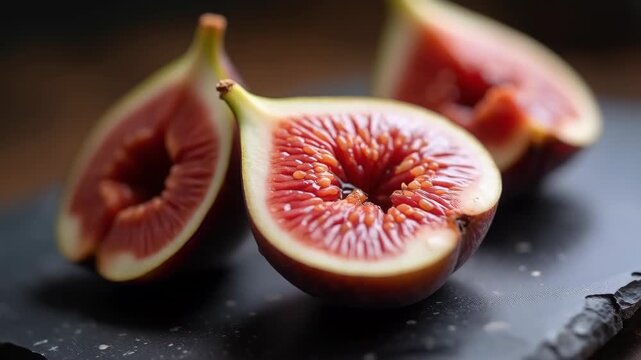 Fresh fig sliced open revealing jewel-like red interior with honey