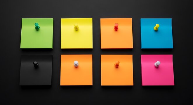 Eight vibrant sticky notes pinned to a black surface, each with a different color