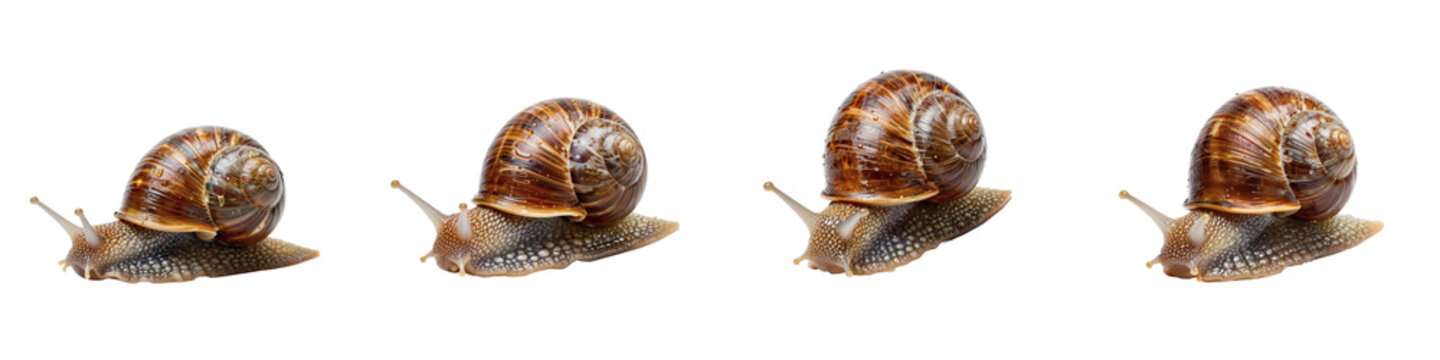 Four garden snails showcasing their shells and bodies against a black background