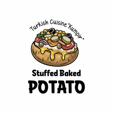 Stuffed Baked Potato Illustration &ndash; Turkish Kumpir Street Food Logo and Menu Design