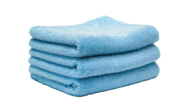 Isolated stack of three light blue soft microfiber towels neatly folded for cleaning purposes