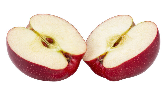 Isolated Two Halves of a Fresh Red Apple with Exposed Juicy Flesh and Seeds