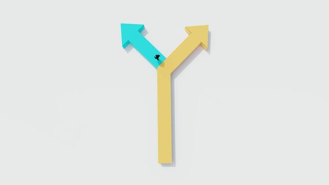 3D minimal scene of businessman facing two opposite arrow paths, concept of decision making, choice, strategy, direction and business growth opportunity