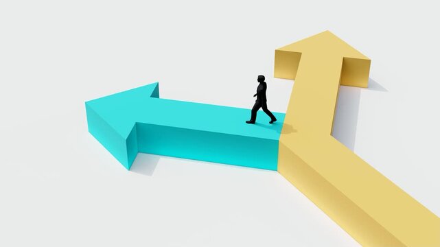 3D minimal scene of businessman facing two opposite arrow paths, concept of decision making, choice, strategy, direction and business growth opportunity