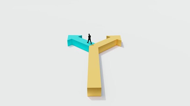 3D minimal scene of businessman facing two opposite arrow paths, concept of decision making, choice, strategy, direction and business growth opportunity
