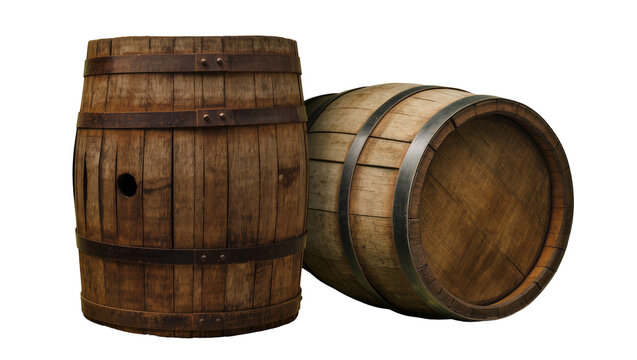Isolated a pair of vintage wooden barrels, one standing vertically and one horizontally.