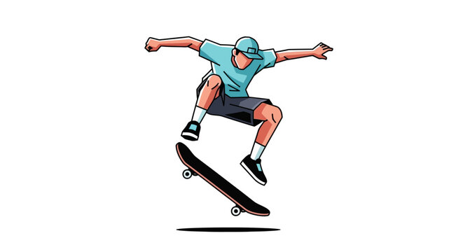 Dynamic illustration of a skateboarder performing a trick in mid-air
