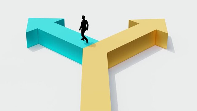3D minimal scene of businessman facing two opposite arrow paths, concept of decision making, choice, strategy, direction and business growth opportunity