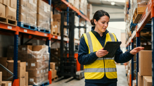 Female warehouse worker checking inventory with a digital tablet. Professional employee in high visibility vest managing logistics and shipping boxes in a large distribution center