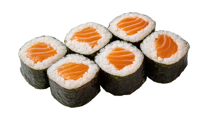 Isolated Set of six vibrant salmon maki sushi rolls, a classic Japanese culinary delight. © Luca